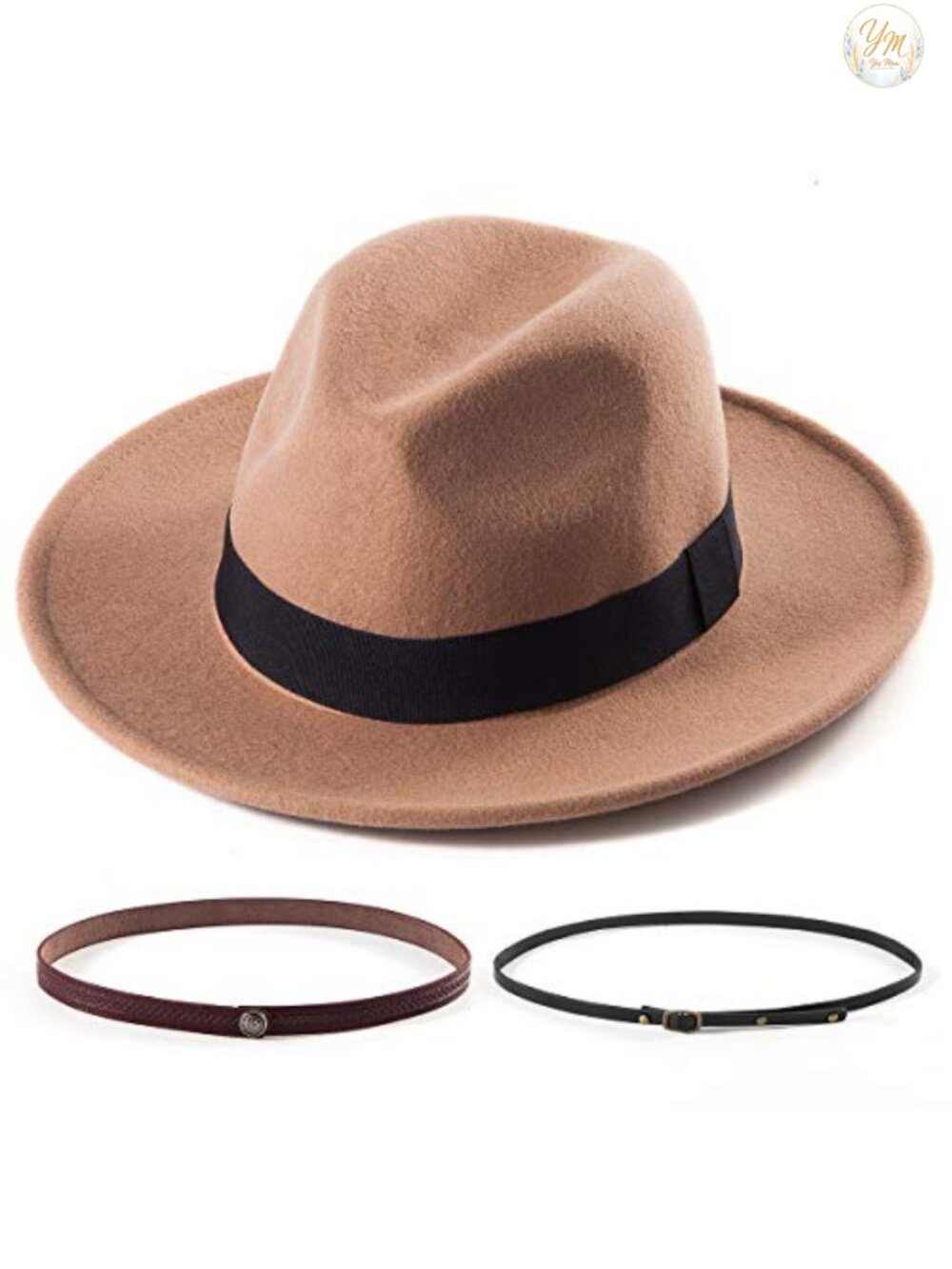 Wide Brim Fedora Hat with Interchangeable Belts Ribbon Adjustable